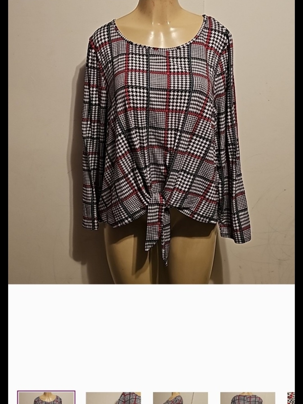 Plaid Tie-Front Long Sleeve Tunic - Black/White/Red